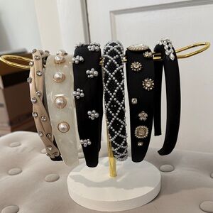 Embellished Pearl & Crystal Headband Set - Black, Cream, Ivory